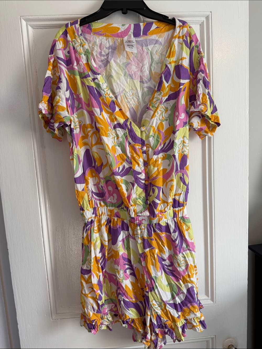 BCBG BCBGeneration Bright Floral V-Neck Romper in Purple, Yellow & Green XL